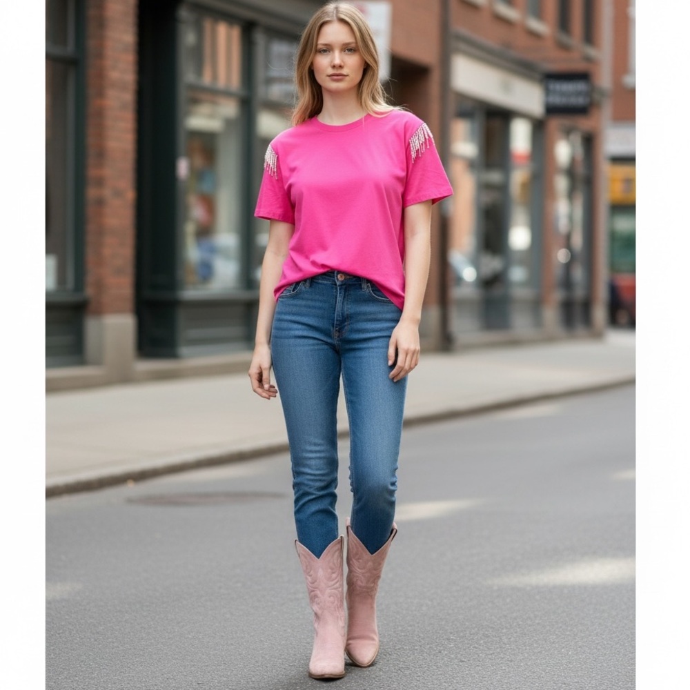 NEW blue b Hot Pink & White Pearl Shoulder Fringe Trim Stretchy Comfy T-Shirt
